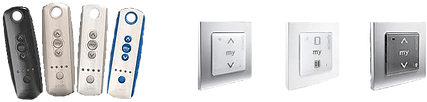 Handheld and wall-mounted remote controls for awnings.